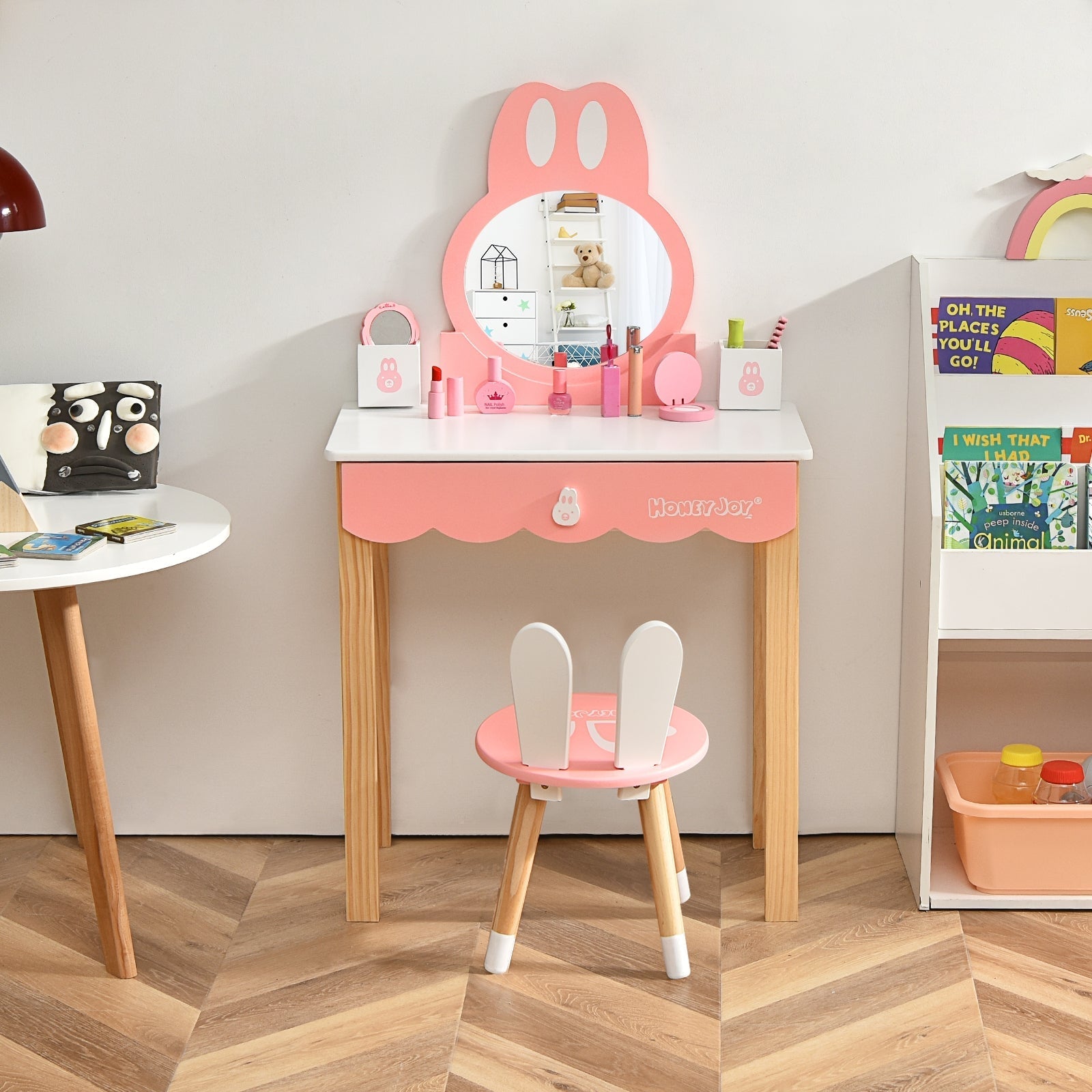 Kids Vanity Set Rabbit Makeup Dressing Table Chair Set with Mirror and Drawer