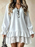 Lace Hem V-Neck Flounce Sleeve Dress