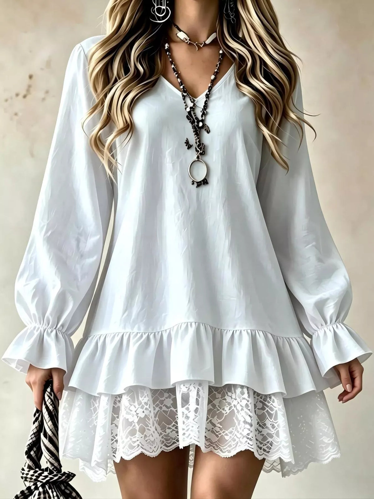 Lace Hem V-Neck Flounce Sleeve Dress