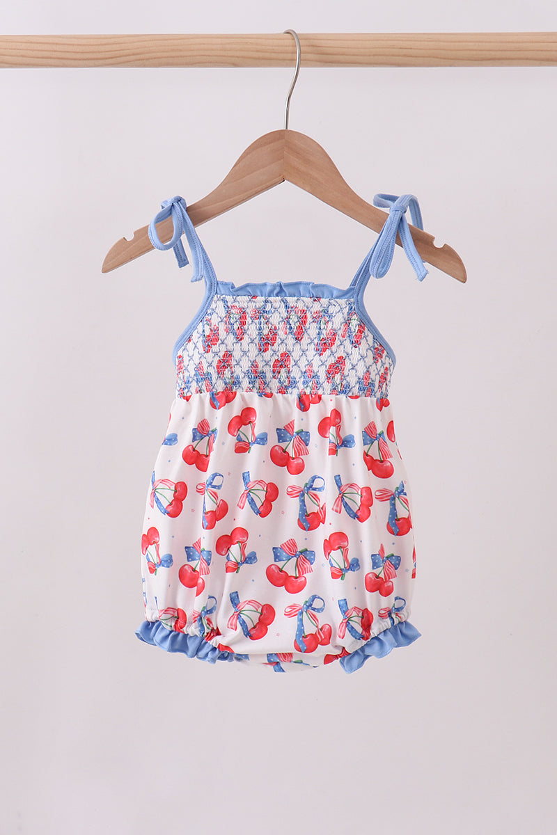 Blue cherry smocked ruffle bubble