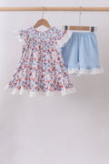 Blue floral lace smocked shorts set