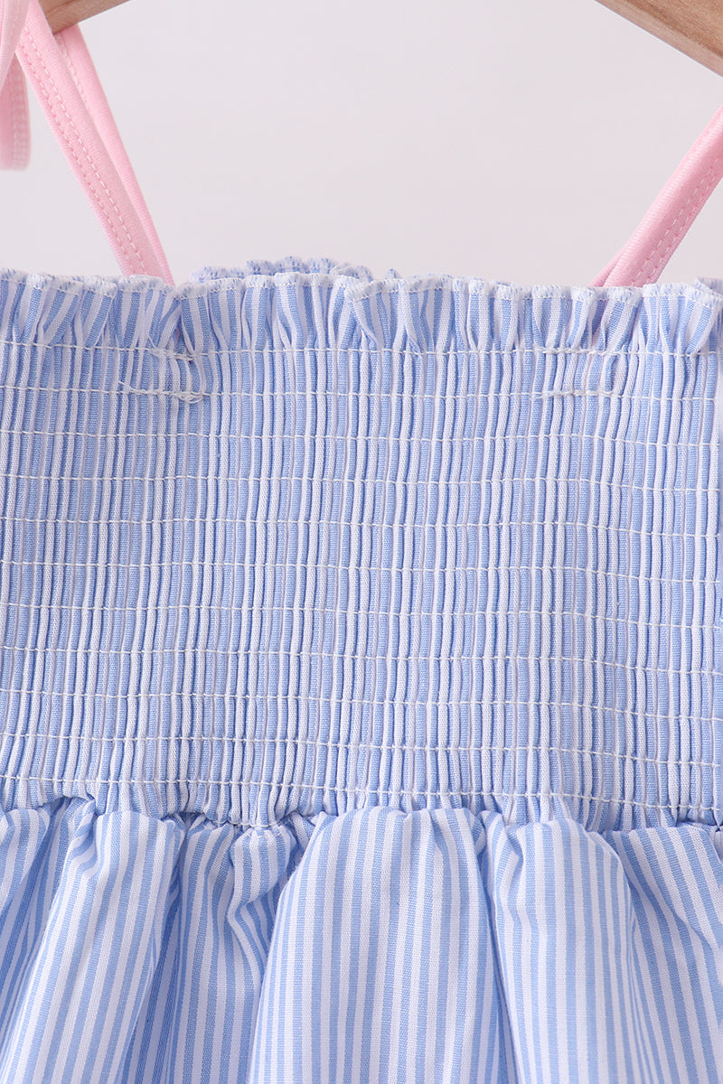 Blue Stripe Bow Smocked Seersucker Ruffle Shorts Set