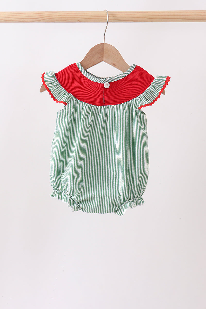 Green Watermelon Stripe Smocked Embroidered Seersucker Bubble