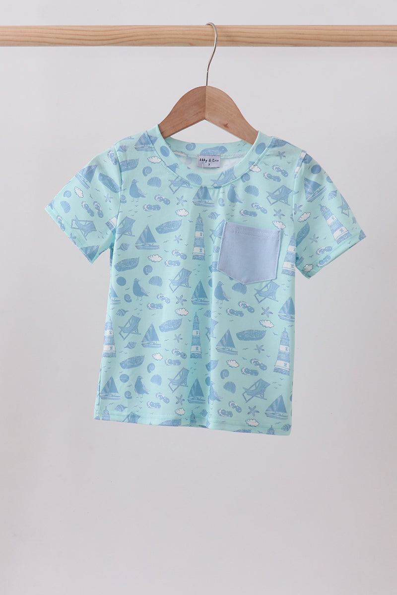 Blue beach print pocket top