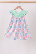 Green Bow Embroidered Checkered Dress