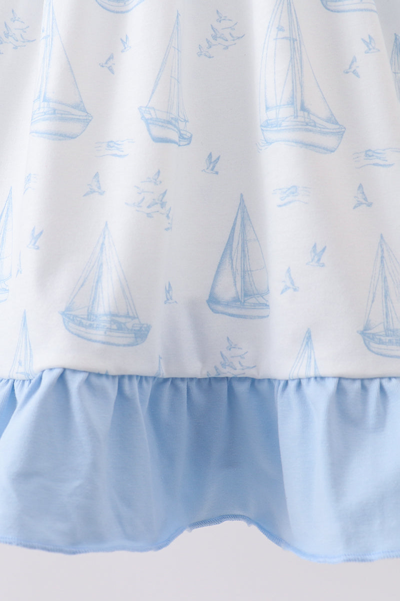Blue Sailboat Smocked Ruffle Dress