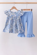 Blue Floral Print Ruffle Pants Set