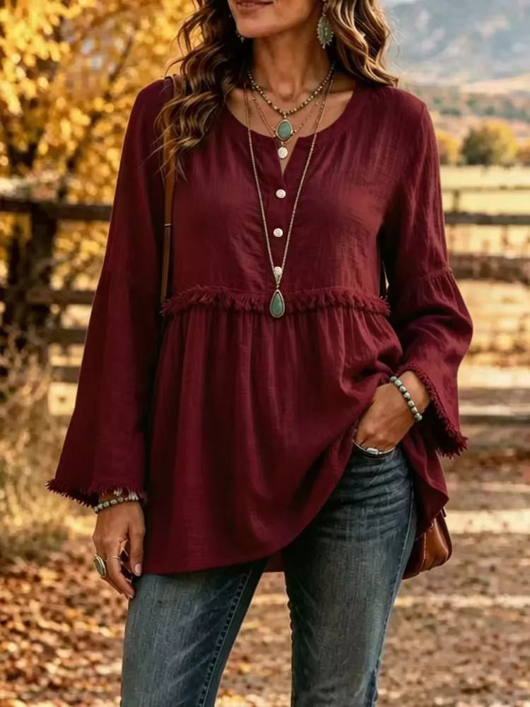 Full Size Fringed Button Detail Blouse Plus Size