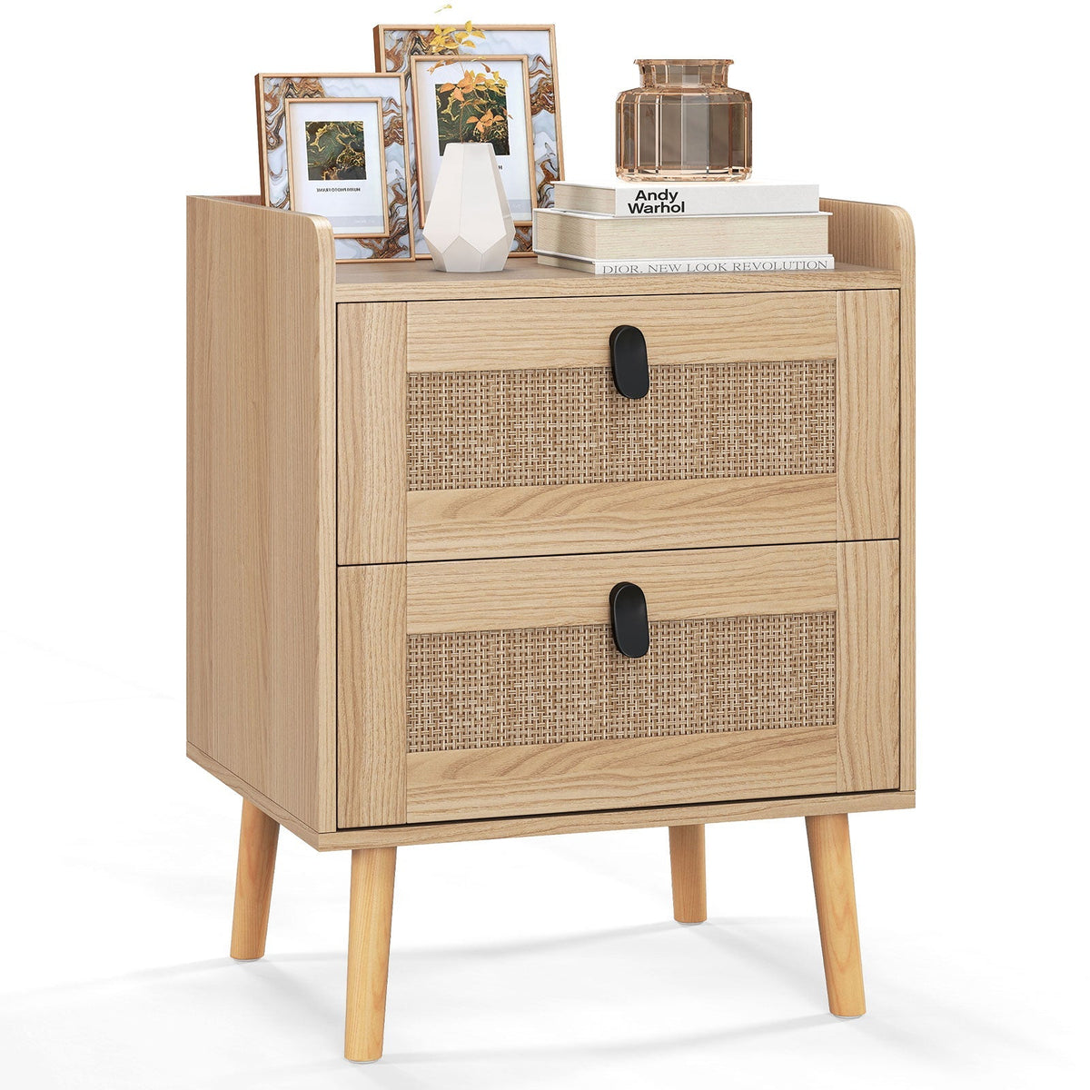 Modern End Table Bedside Table with 2 Rattan Decorated Drawers