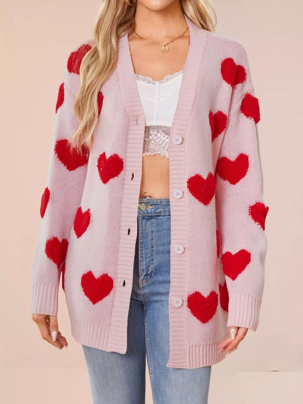 Heart Pattern V-Neck Button-Down Knit Cardigan