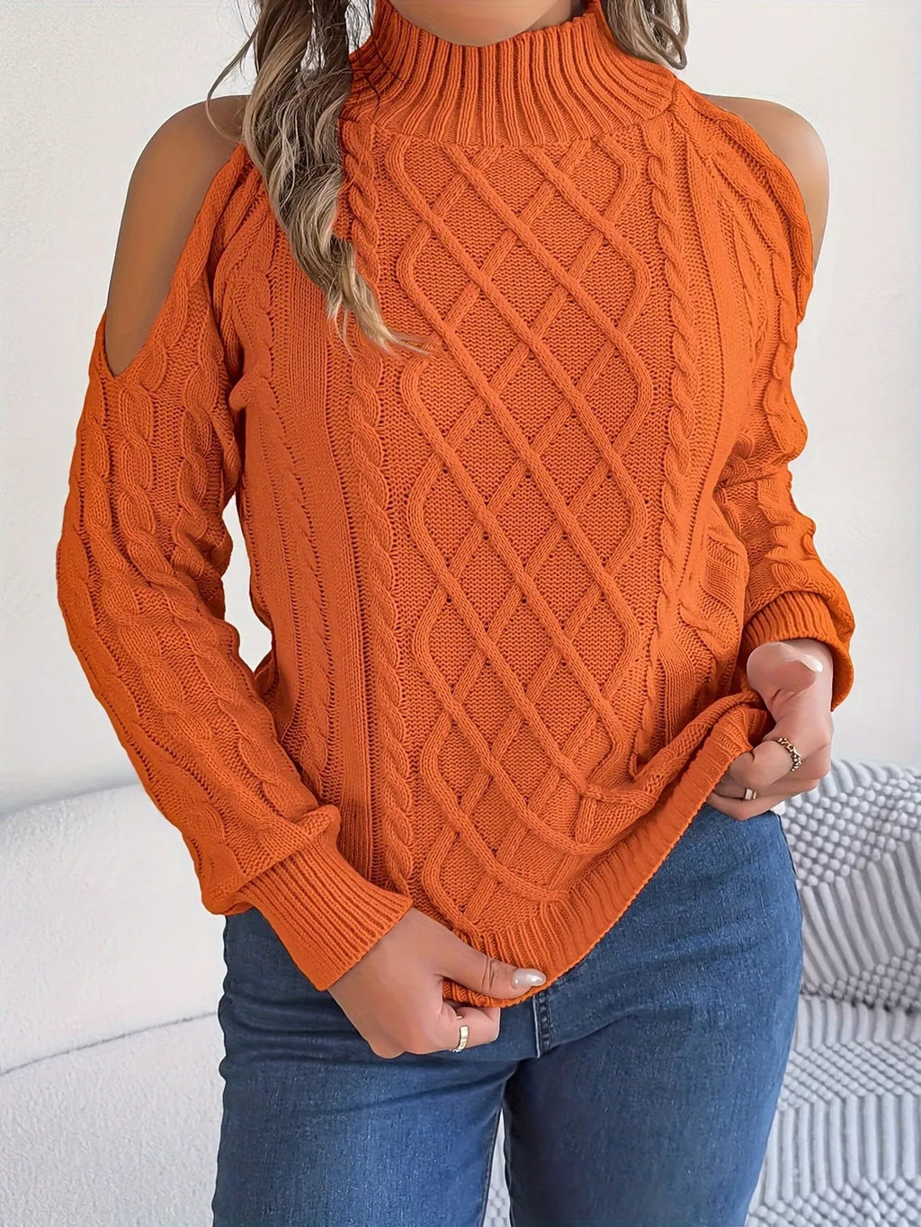 Cold-Shoulder Cable Knit Sweater
