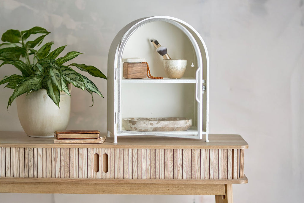 Arched White Metal Wall Display Cabinet