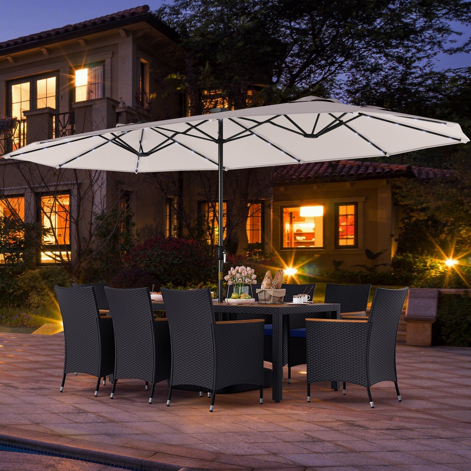 11 Pieces Patio Dining Set with LED Patio Umbrella with Base and Seat Cushions (Navy)