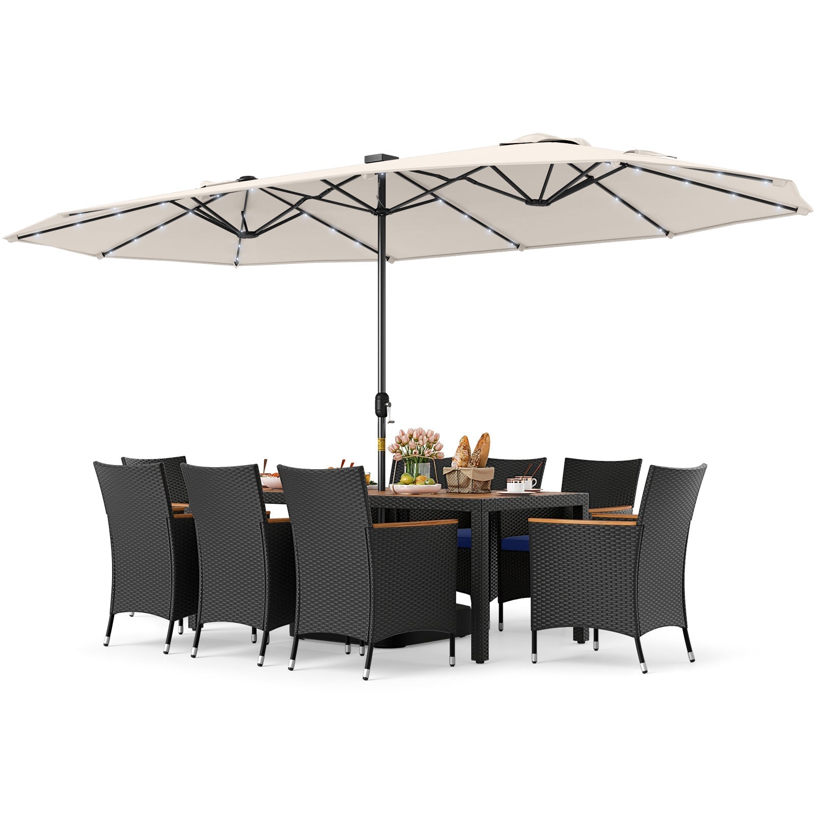 11 Pieces Patio Dining Set with LED Patio Umbrella with Base and Seat Cushions (Navy)