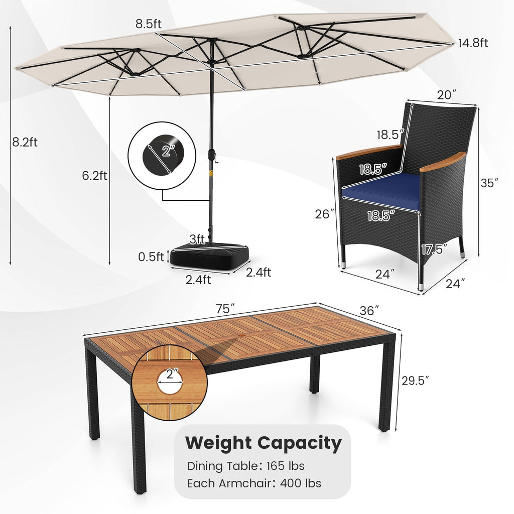 11 Pieces Patio Dining Set with LED Patio Umbrella with Base and Seat Cushions (Navy)