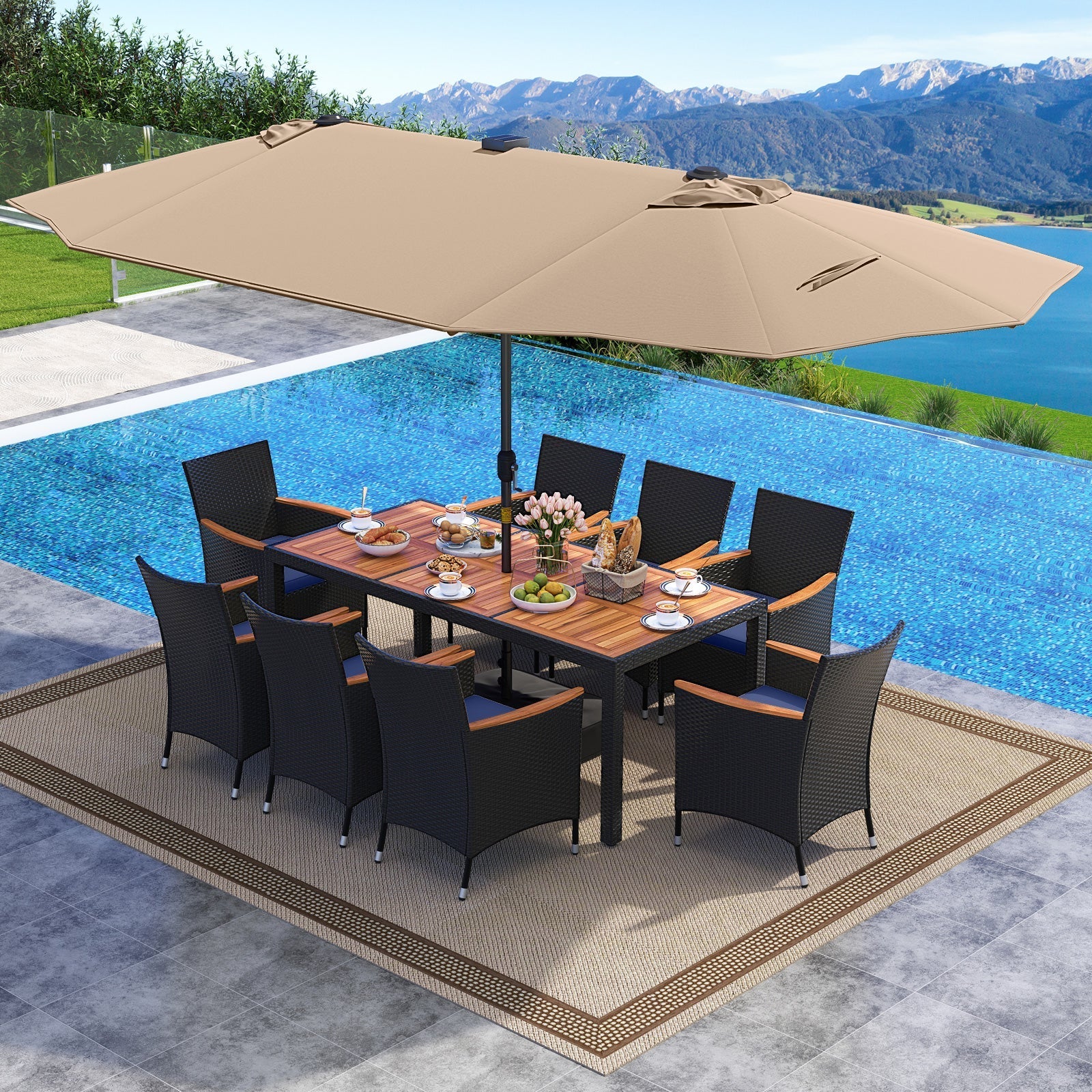 11 Pieces Patio Dining Set with LED Patio Umbrella with Base and Seat Cushions (Navy)