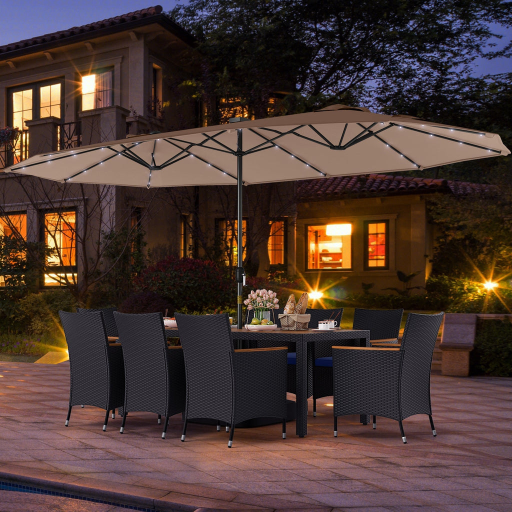 11 Pieces Patio Dining Set with LED Patio Umbrella with Base and Seat Cushions (Navy)