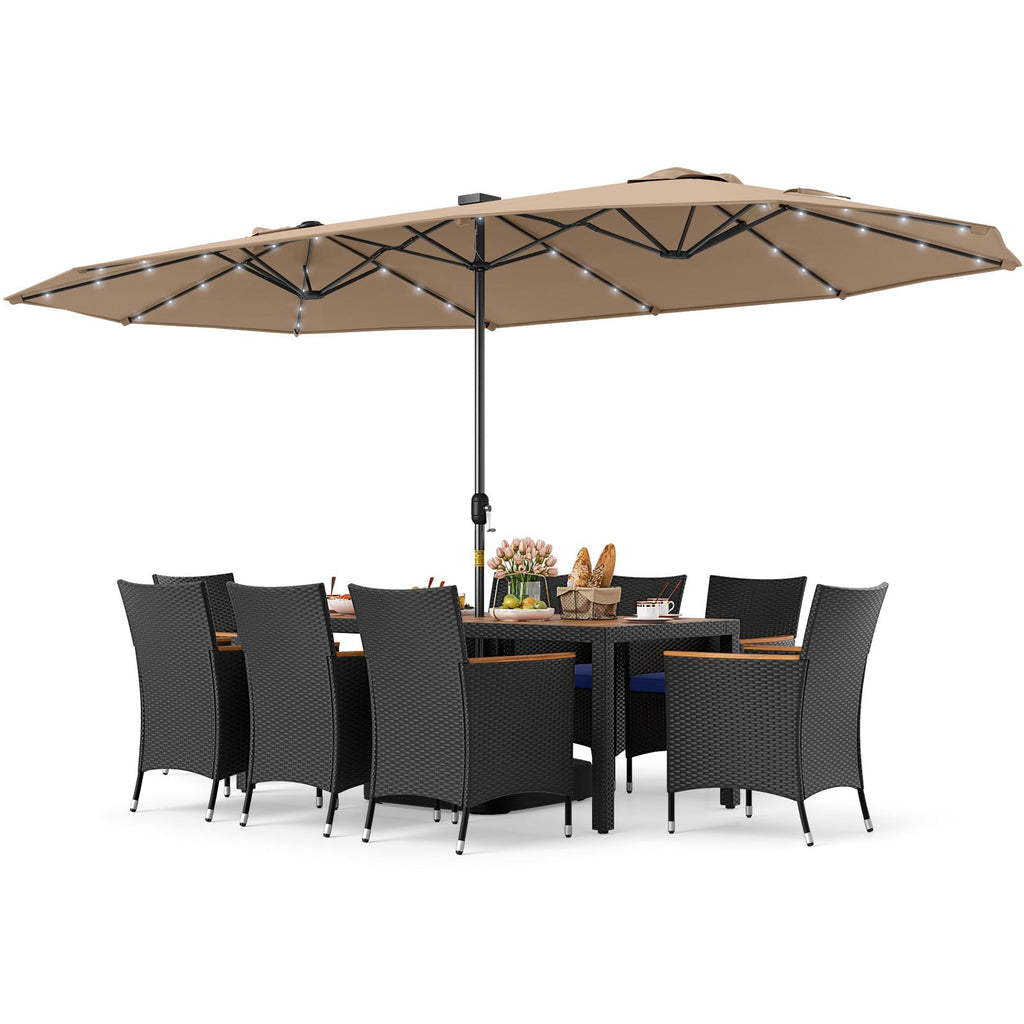 11 Pieces Patio Dining Set with LED Patio Umbrella with Base and Seat Cushions (Navy)