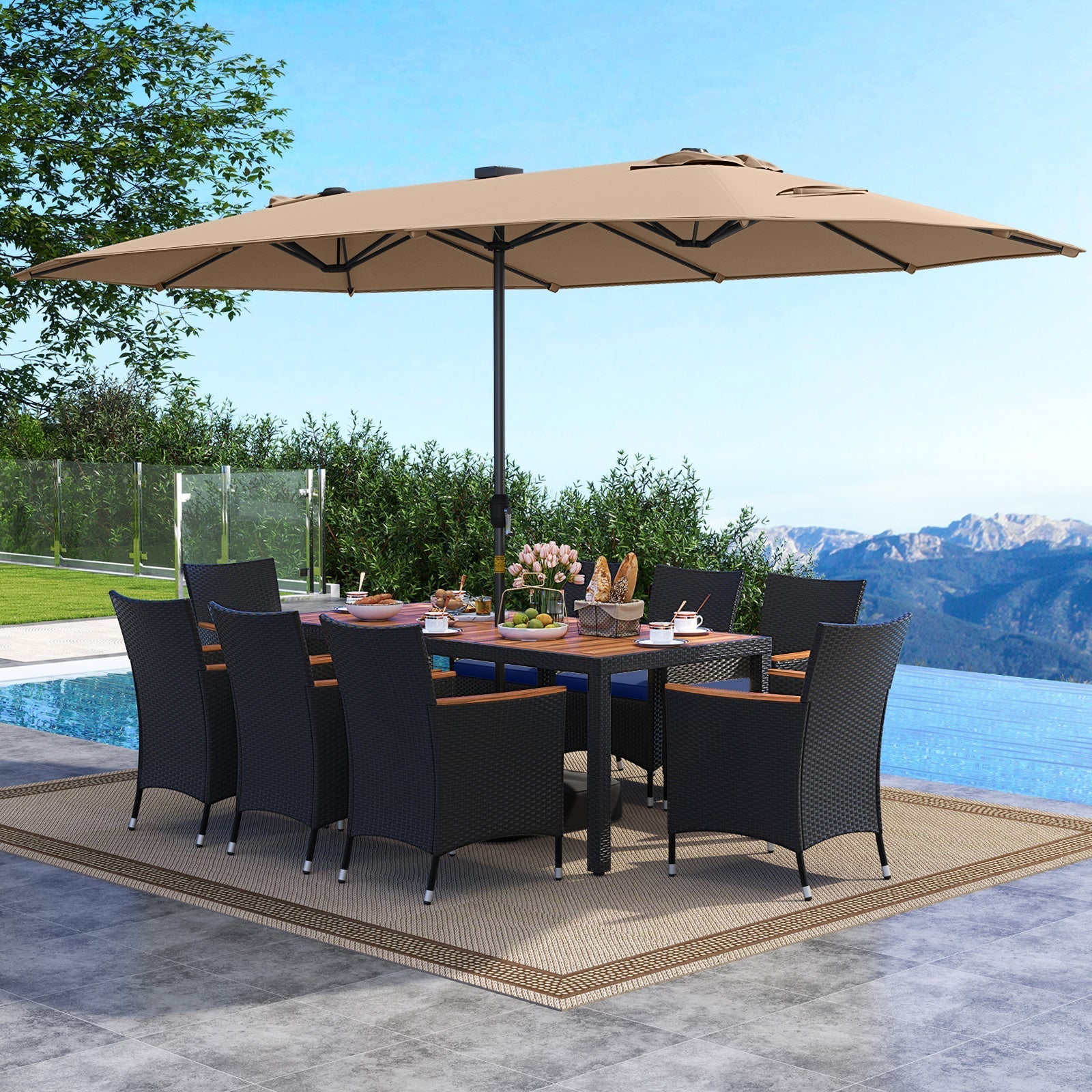 11 Pieces Patio Dining Set with LED Patio Umbrella with Base and Seat Cushions (Navy)