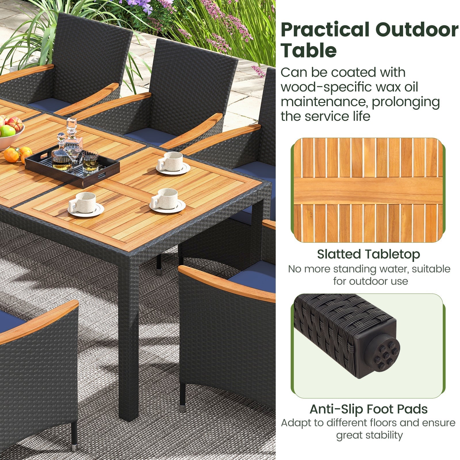 11 Pieces Patio Dining Set with LED Patio Umbrella with Base and Seat Cushions (Navy)
