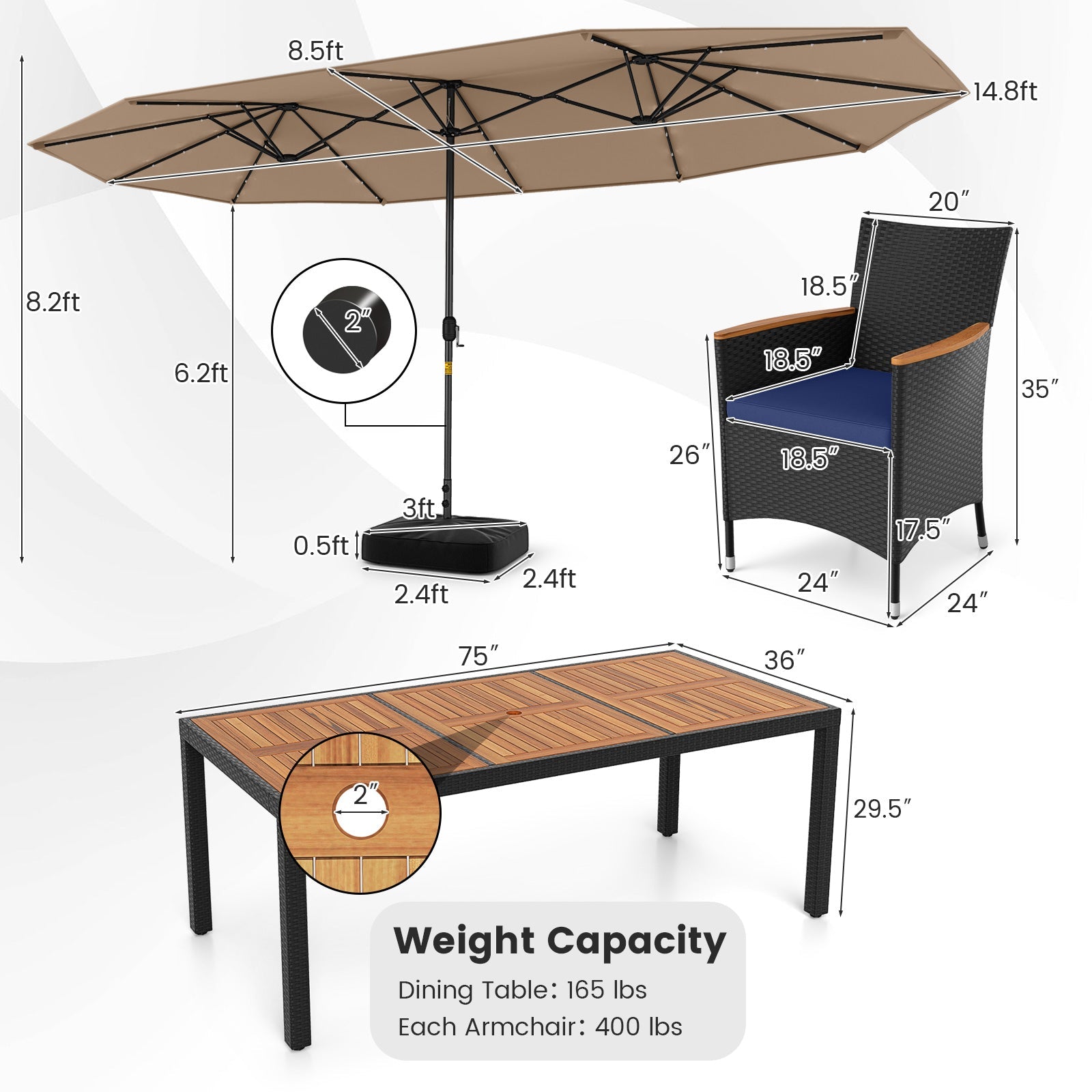 11 Pieces Patio Dining Set with LED Patio Umbrella with Base and Seat Cushions (Navy)