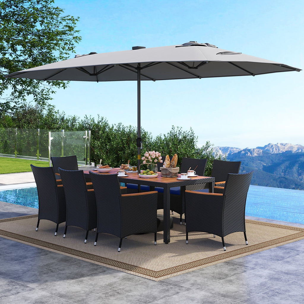11 Pieces Patio Dining Set with LED Patio Umbrella with Base and Seat Cushions (Navy)