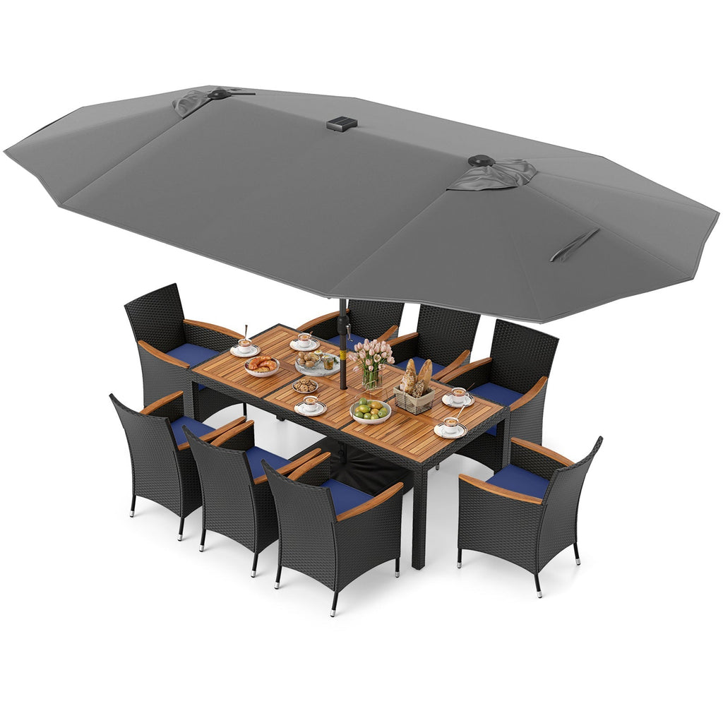 11 Pieces Patio Dining Set with LED Patio Umbrella with Base and Seat Cushions (Navy)