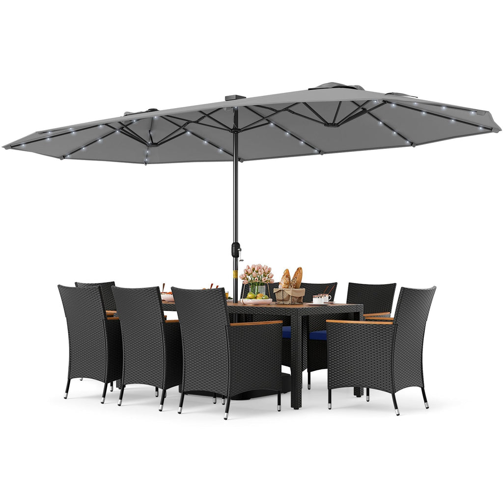 11 Pieces Patio Dining Set with LED Patio Umbrella with Base and Seat Cushions (Navy)