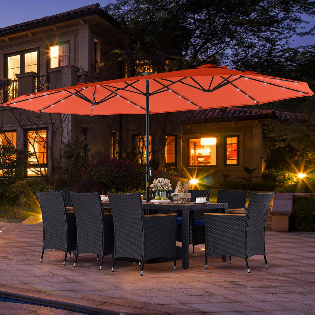 11 Pieces Patio Dining Set with LED Patio Umbrella with Base and Seat Cushions (Navy)