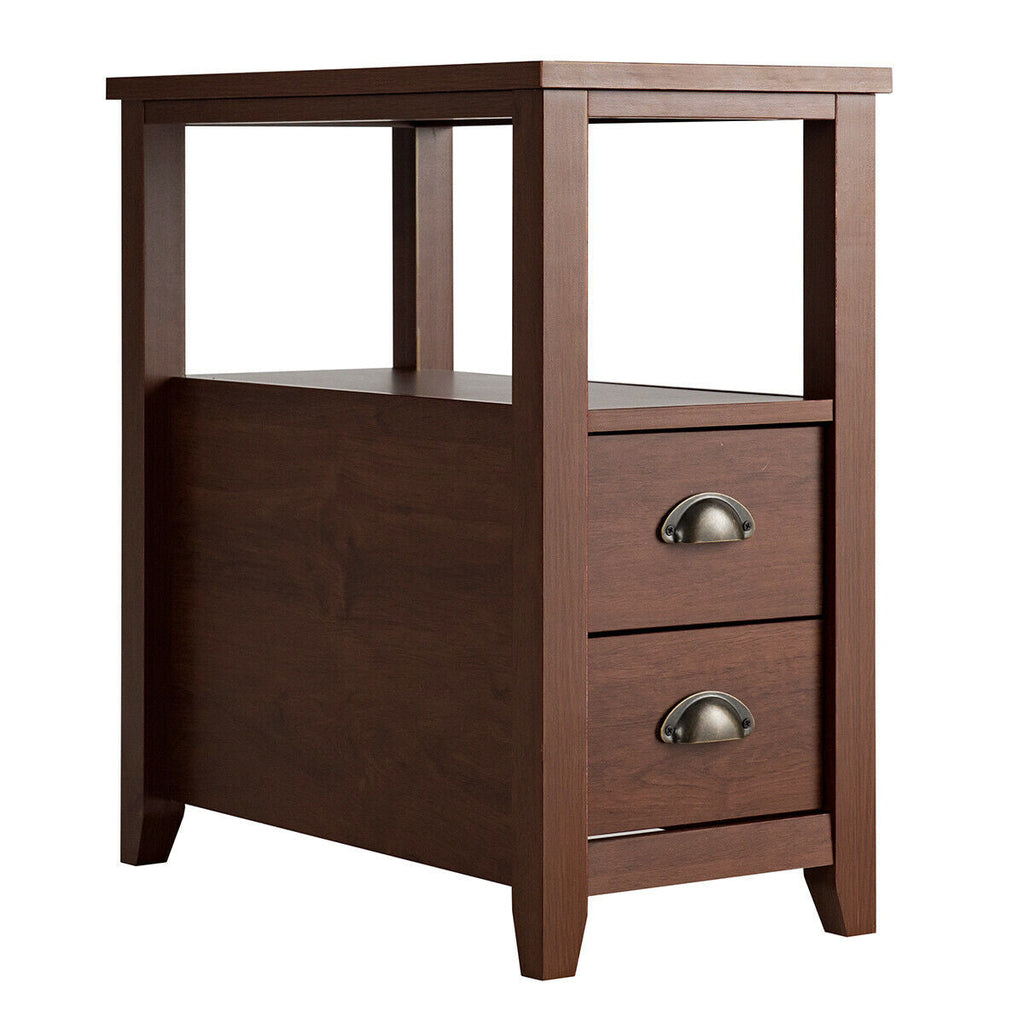 End Table Wooden with 2 Drawers and Shelf Bedside Table