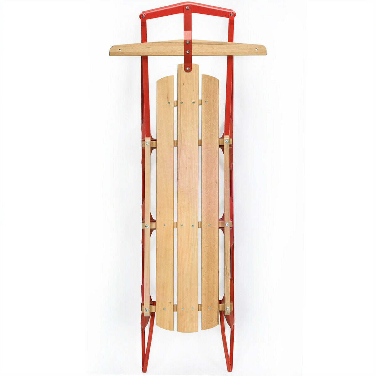 54 Inch Wood Snow Sled with Metal Runners and Steering Bar
