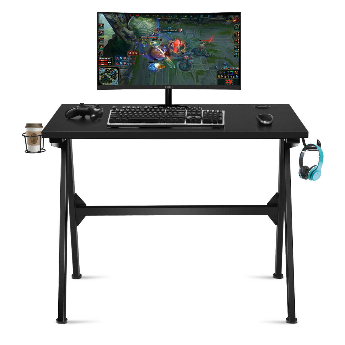 Ergonomic Computer Gaming Desk with Cup Holder and Headphone Hook