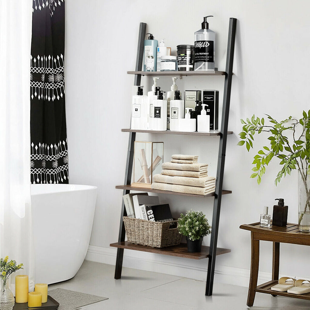 Multipurpose 4-Tier Industrial Leaning Wall Bookcase with Metal Frame