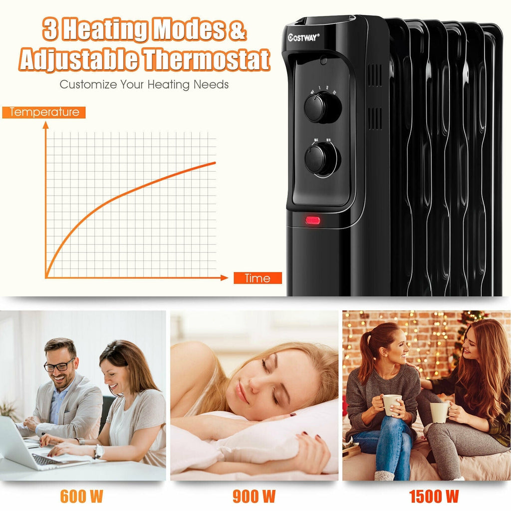 1500W Oil Filled Portable Radiator Space Heater with Adjustable Thermostat