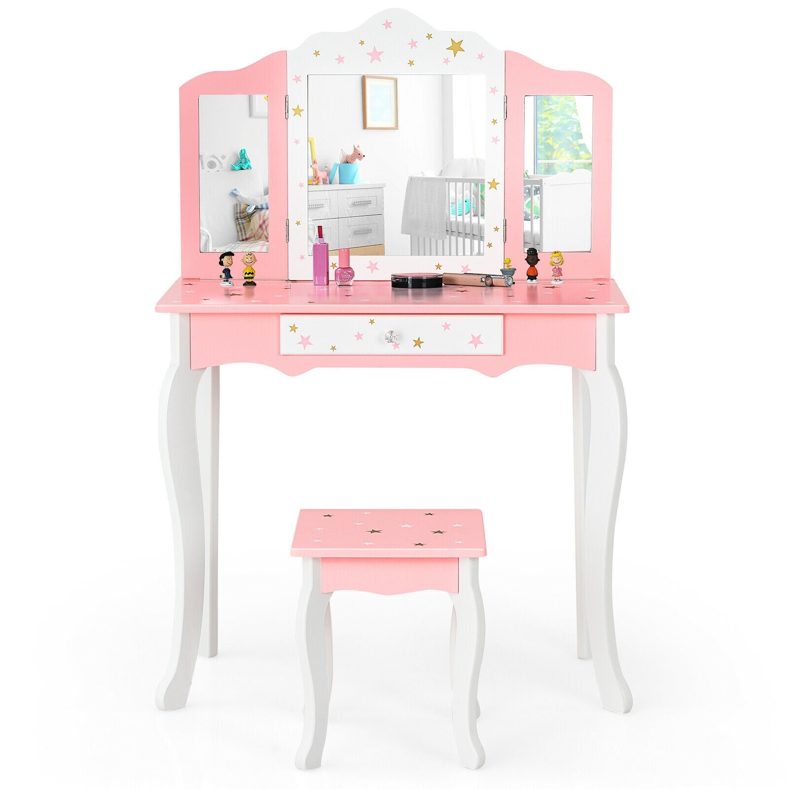 Kids Princess Vanity Table and Stool Set with Tri-folding Mirror and Drawer
