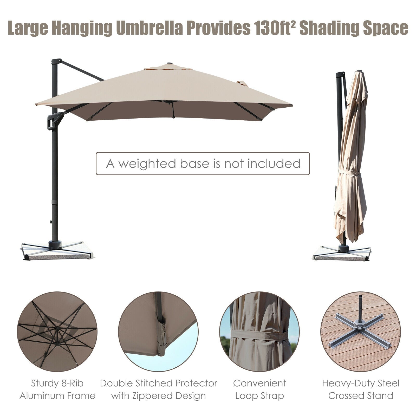 10 x 13 Feet Rectangular Cantilever Umbrella with 360¬∞ Rotation Function-Brown