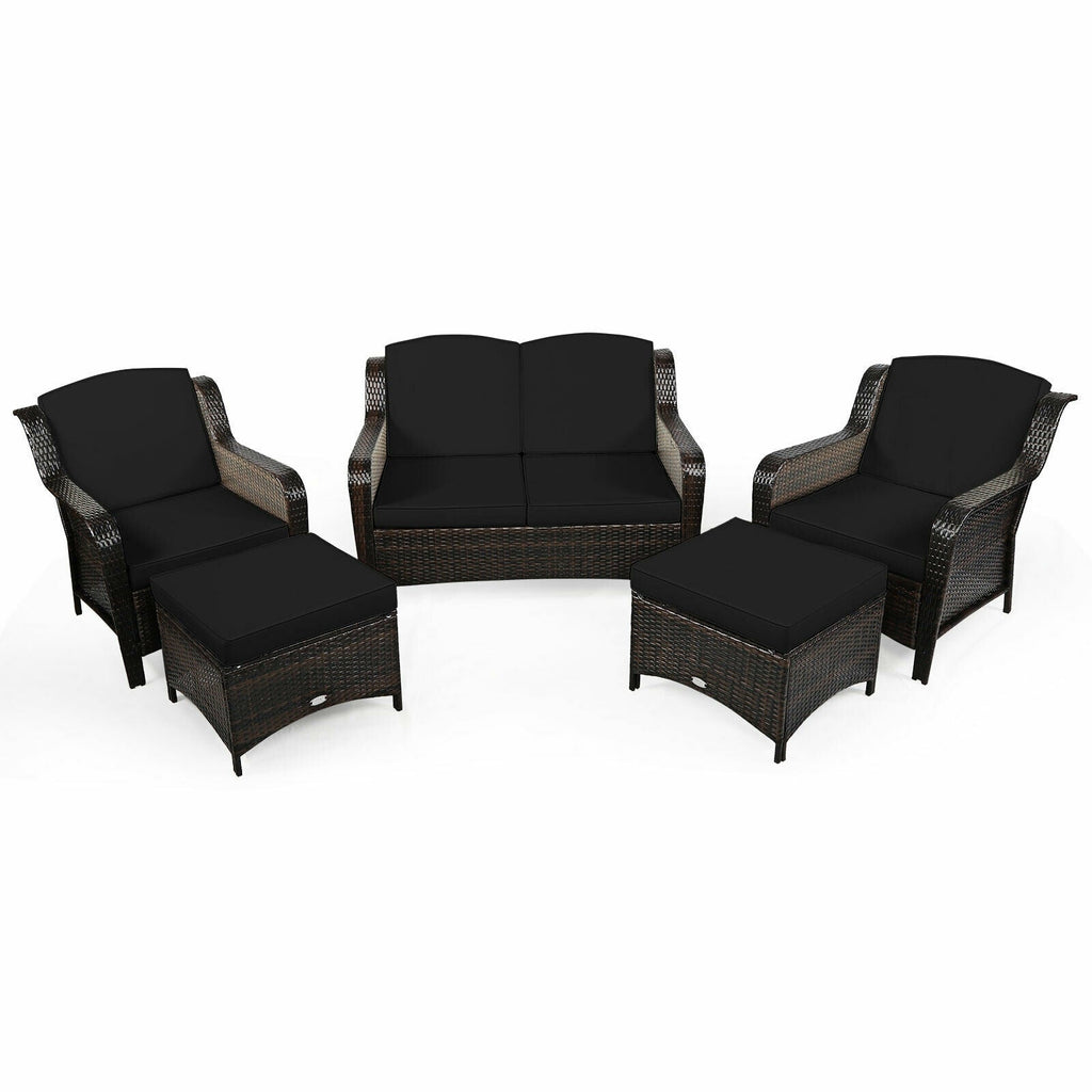 5 Pieces Patio Rattan Sofa Set with Cushion and Ottoman
