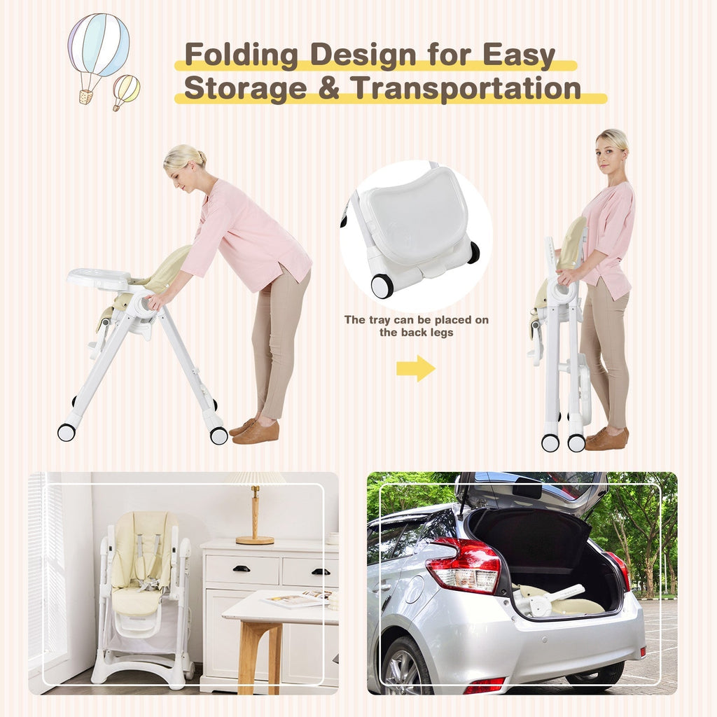 Baby Convertible Folding Adjustable High Chair with Wheel Tray Storage Basket