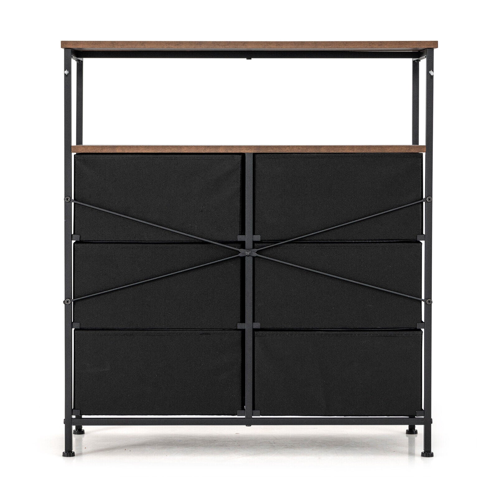 2-Tier Storage Chest with Wooden Top and 6 Fabric Drawers-Rustic Brown