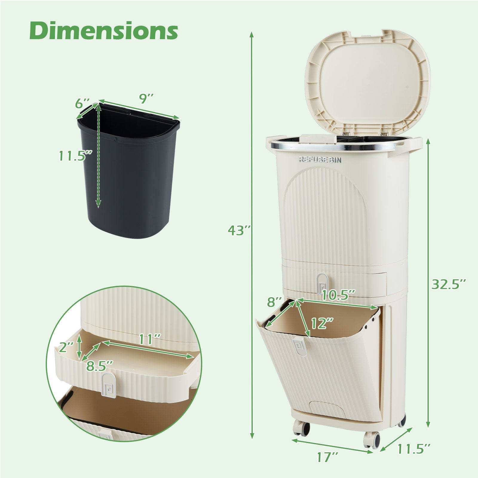 11 Gallon 3-Layer Kitchen Trash Can with Lid and 2 Removable Buckets-Beige