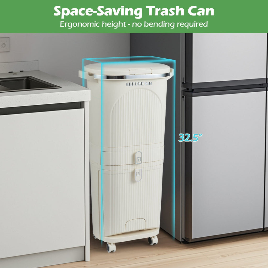 11 Gallon 3-Layer Kitchen Trash Can with Lid and 2 Removable Buckets-Beige