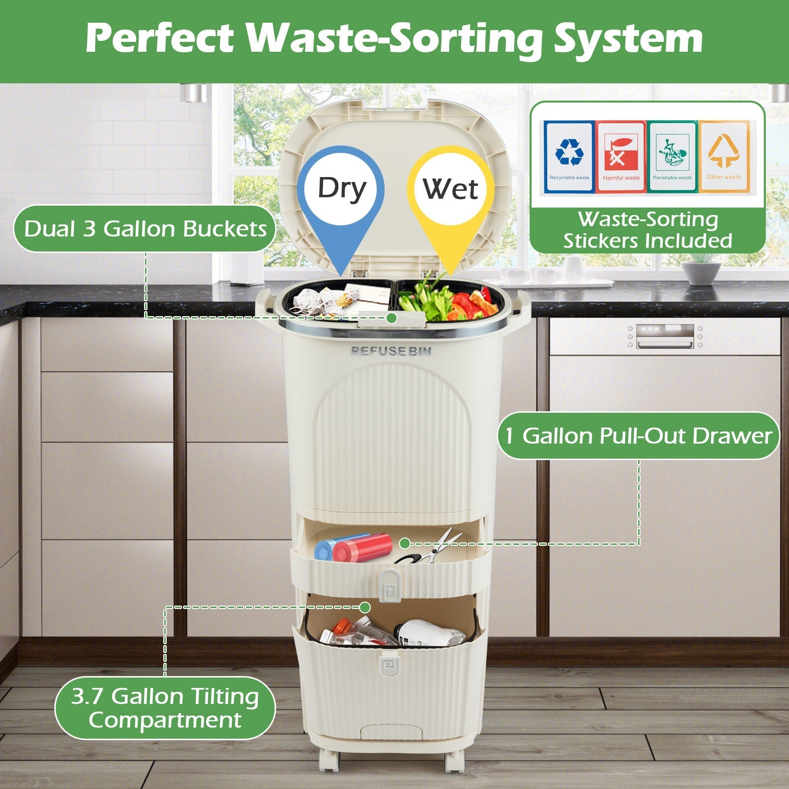 11 Gallon 3-Layer Kitchen Trash Can with Lid and 2 Removable Buckets-Beige
