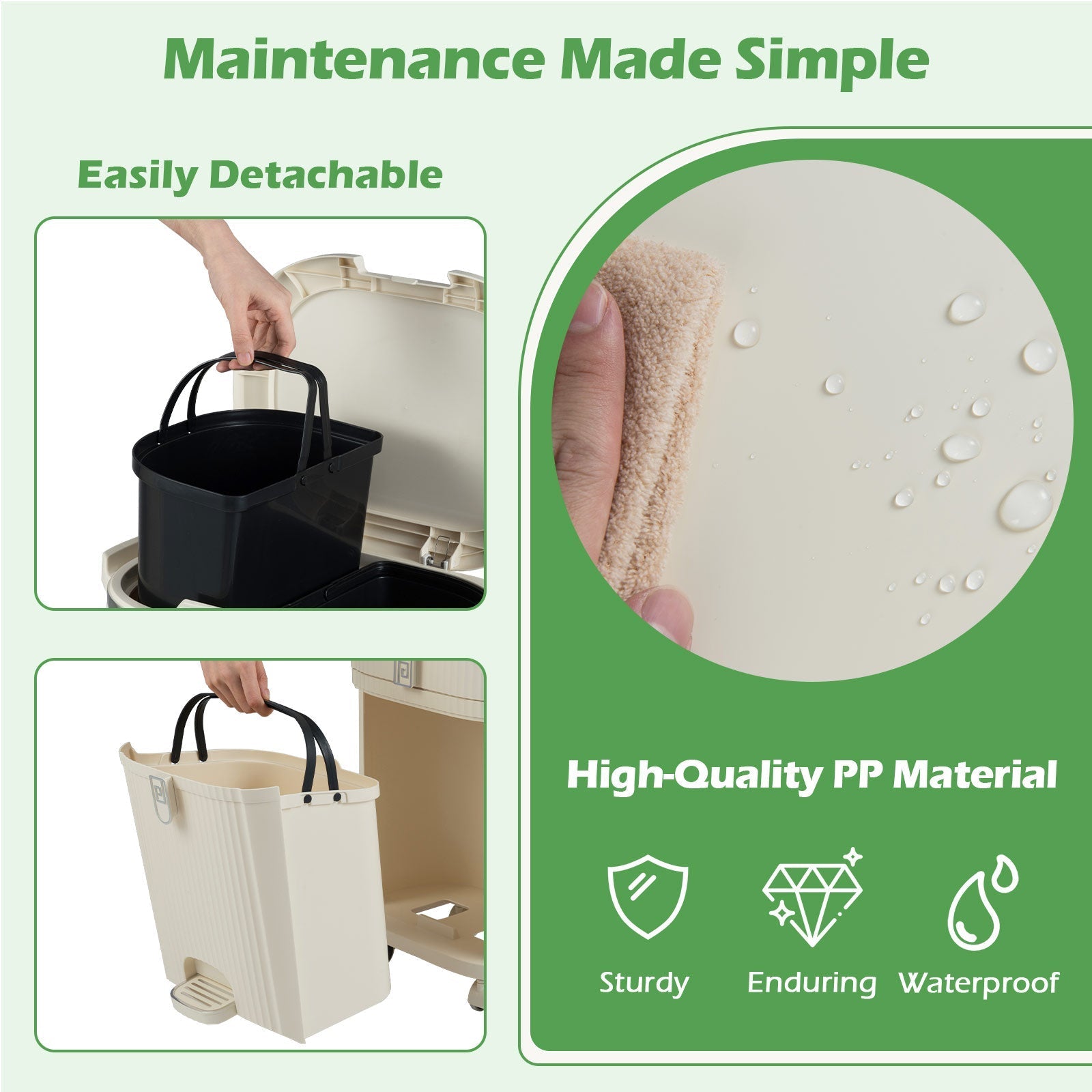 11 Gallon 3-Layer Kitchen Trash Can with Lid and 2 Removable Buckets-Beige