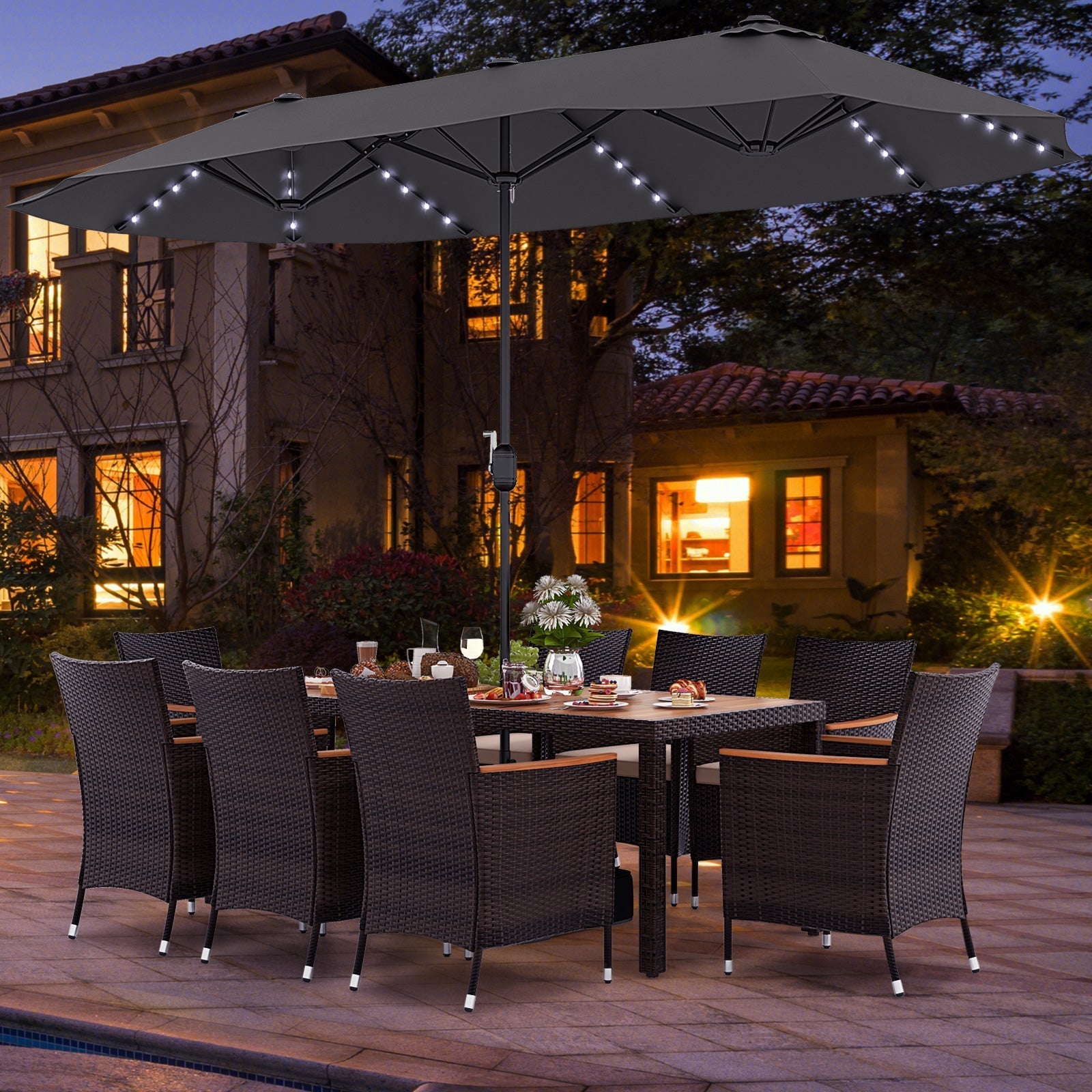 11 Pieces Patio Dining Set with 15 Feet Double-Sided Patio Umbrella and Base