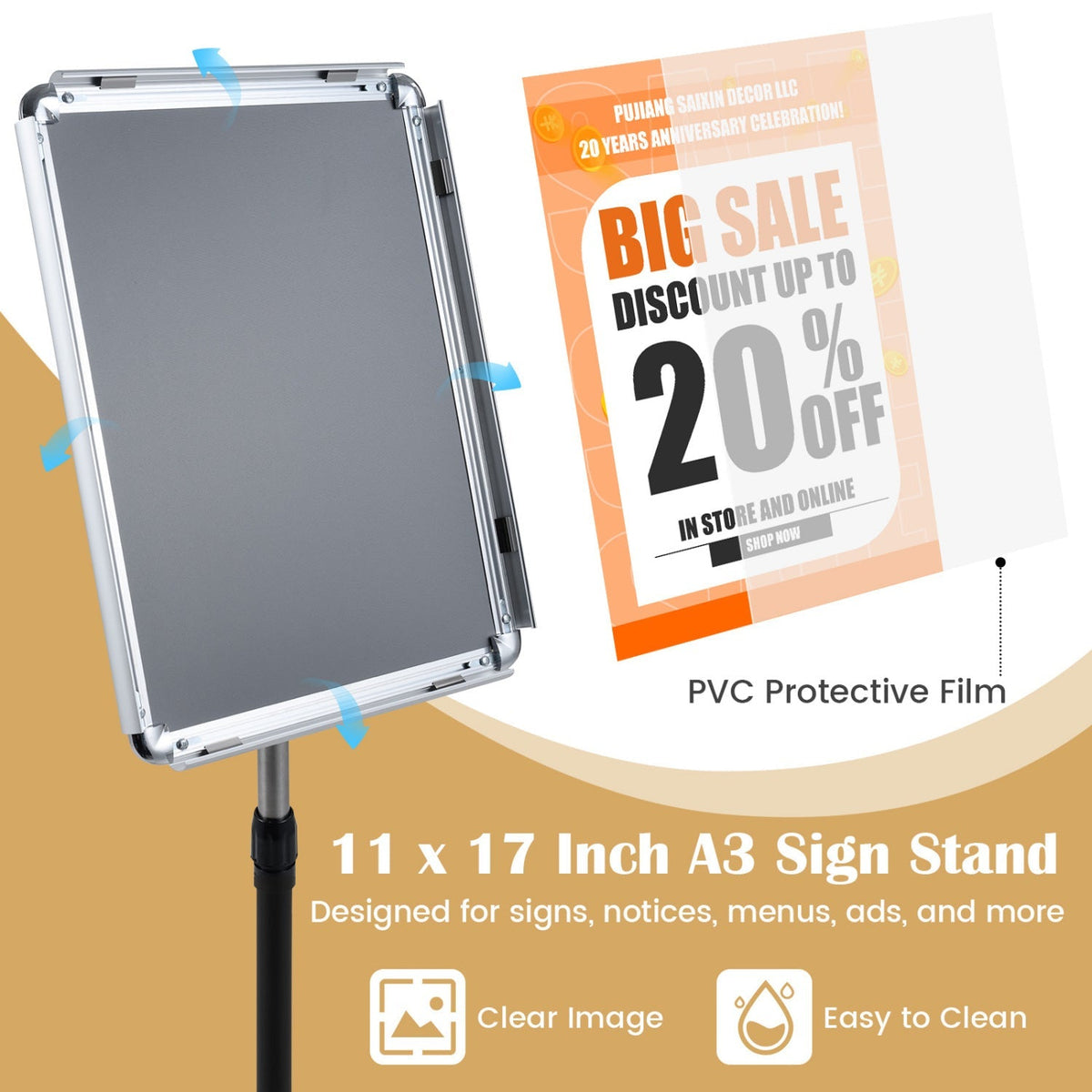 11x17 Adjustable Height Sign Holder Stand with Snap Frame