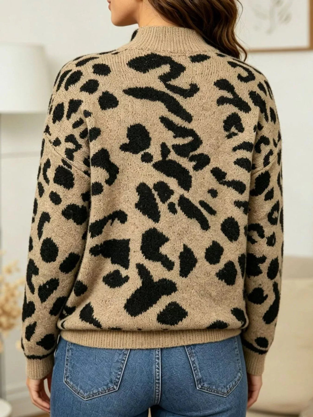 Leopard Print Mock Neck Knit Sweater