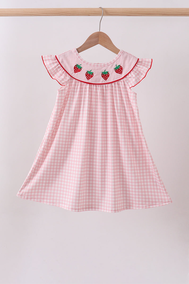 Pink strawberry embroidery gingham dress