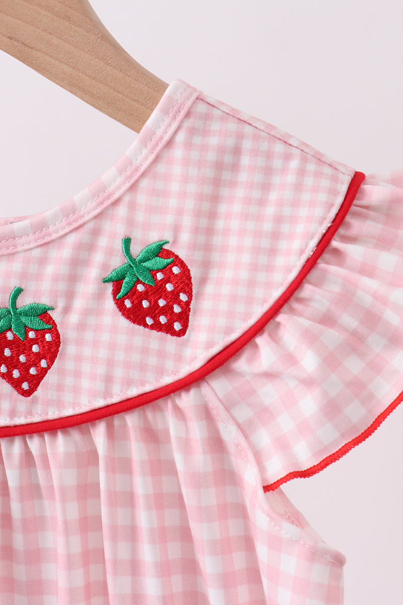 Pink strawberry embroidery gingham dress