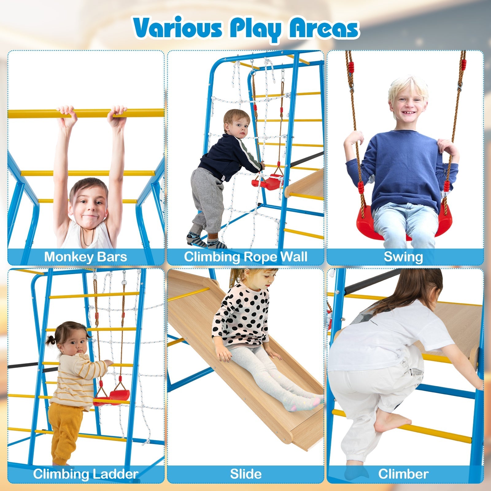 6-in-1 Indoor Jungle Gym with Slide for Boys and Girls 3+ Years Old-Blue