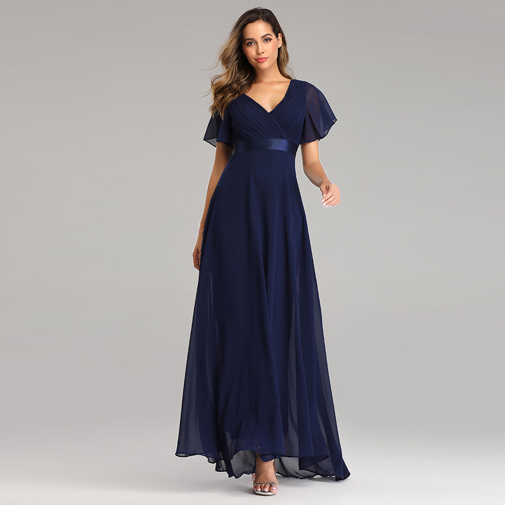 Hand-Folded Large V-neck Dress Chiffon Elastic Banquet Bridesmaid Evening Dress for Women